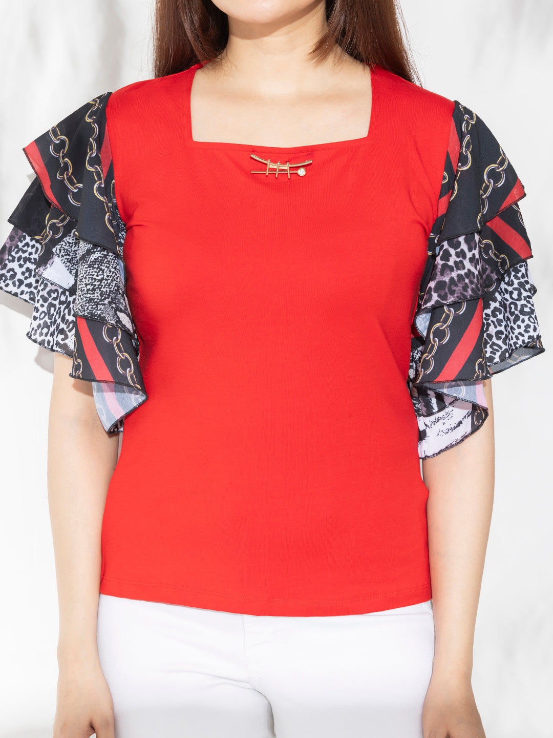 Red Mix & Match Solid Top With Fancy Layered Printed Sleeves