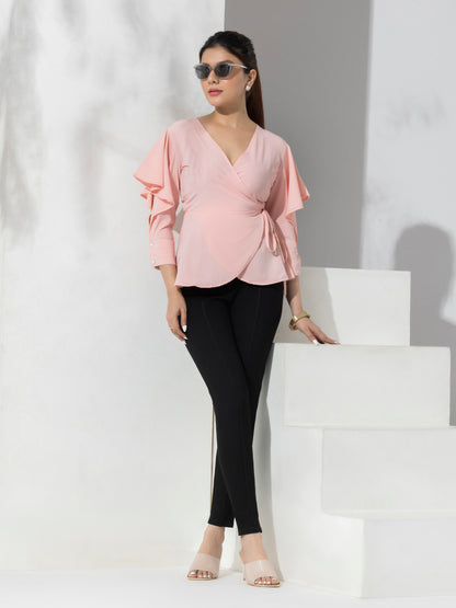 Pink Solid Fancy Wrap-up Top With Layered Sleeves