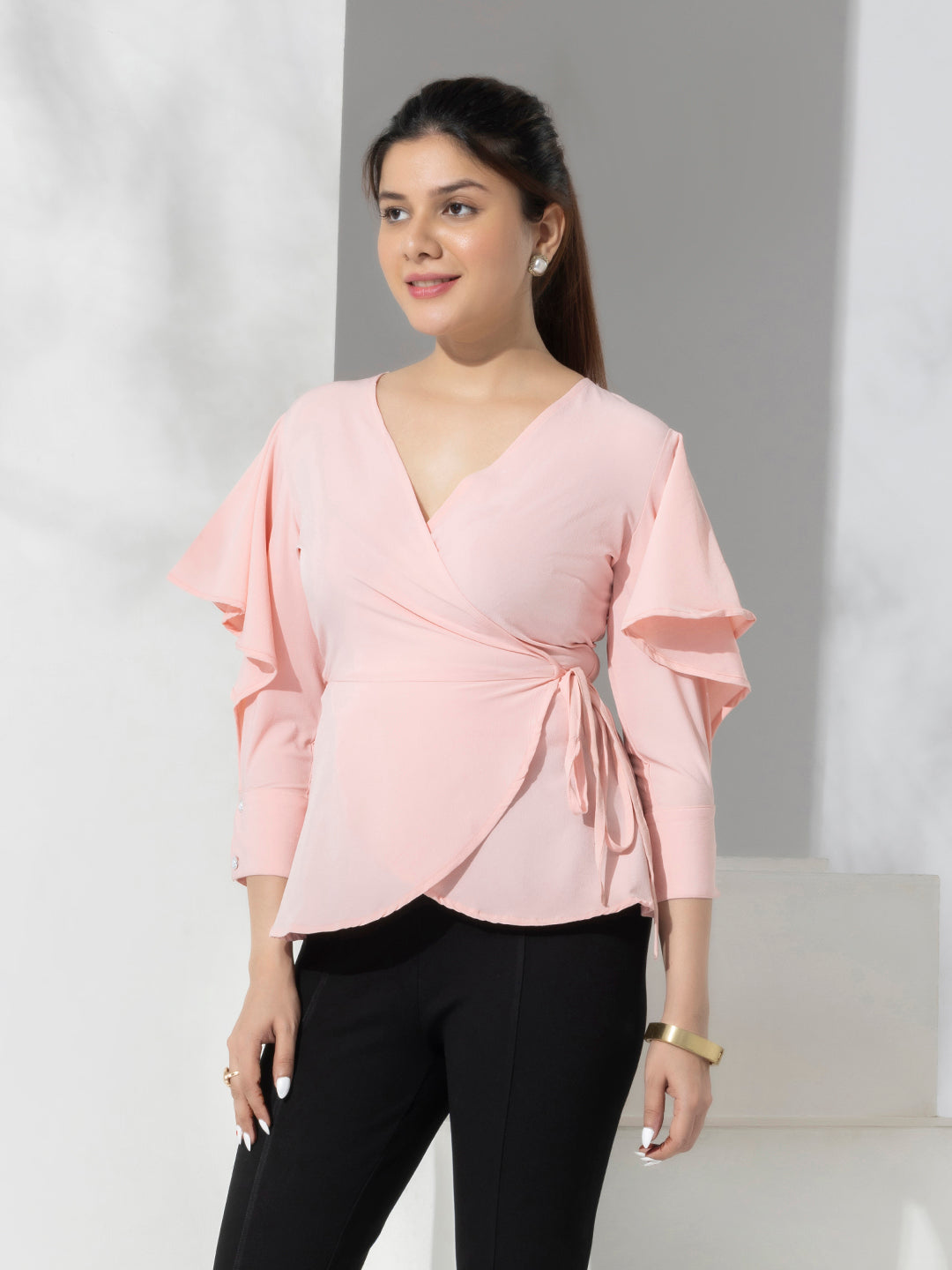 Pink Solid Fancy Wrap-up Top With Layered Sleeves