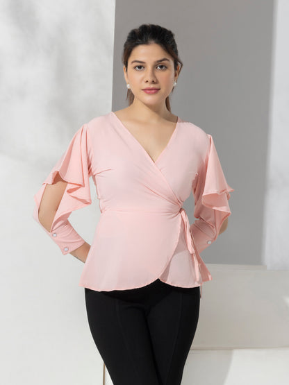 Pink Solid Fancy Wrap-up Top With Layered Sleeves