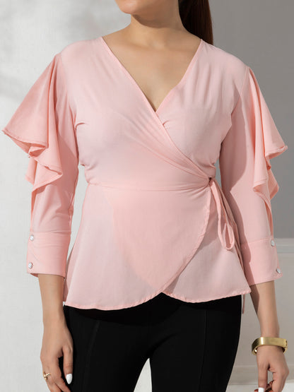 Pink Solid Fancy Wrap-up Top With Layered Sleeves