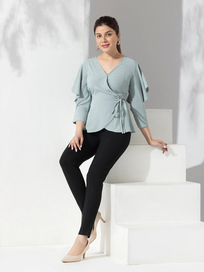 Sea Green Solid Fancy Wrap-up Top With Layered Sleeves