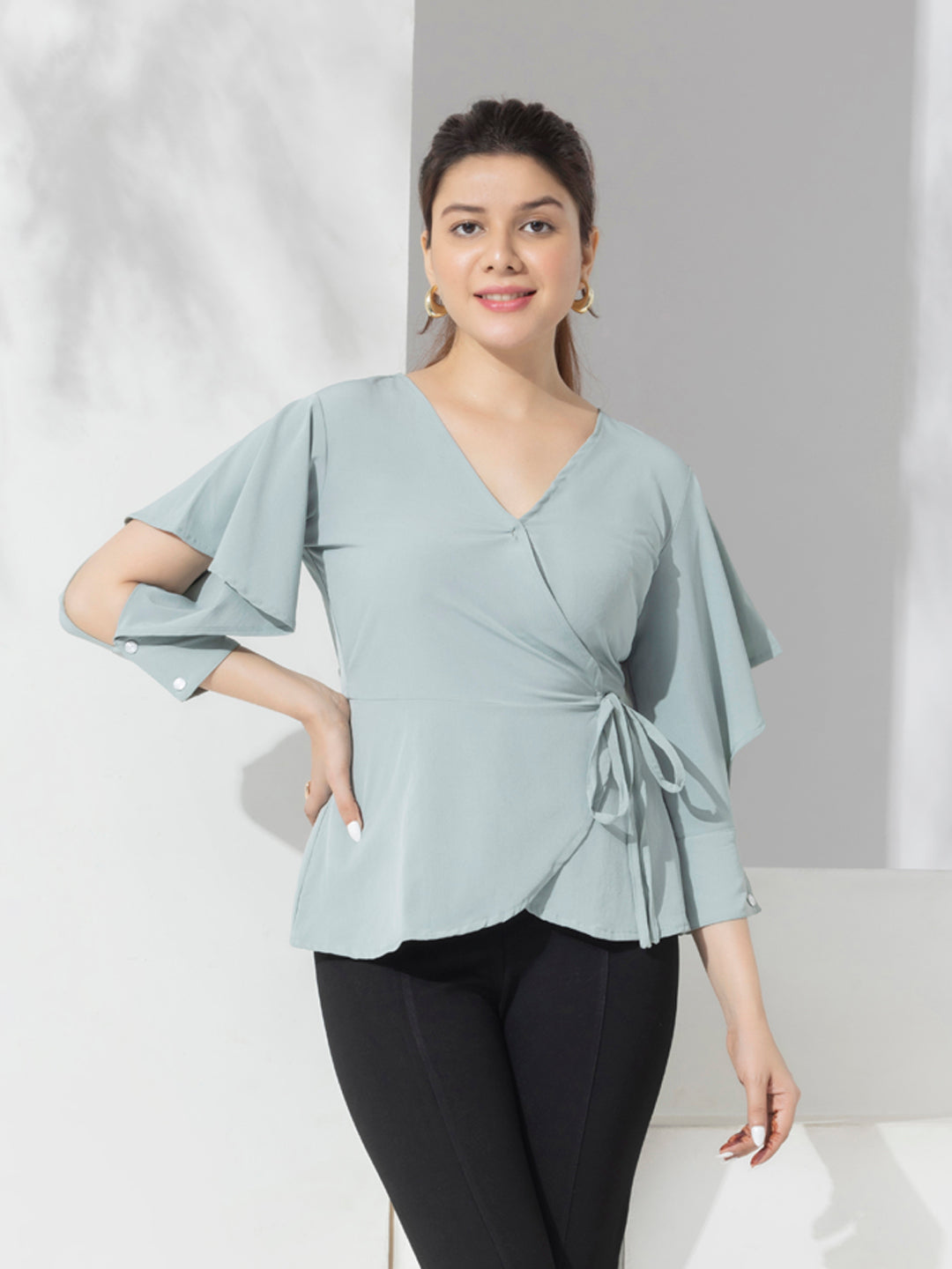 Sea Green Solid Fancy Wrap-up Top With Layered Sleeves