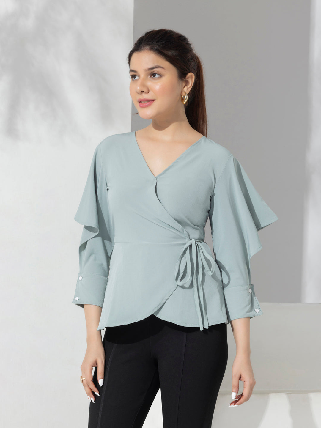 Sea Green Solid Fancy Wrap-up Top With Layered Sleeves