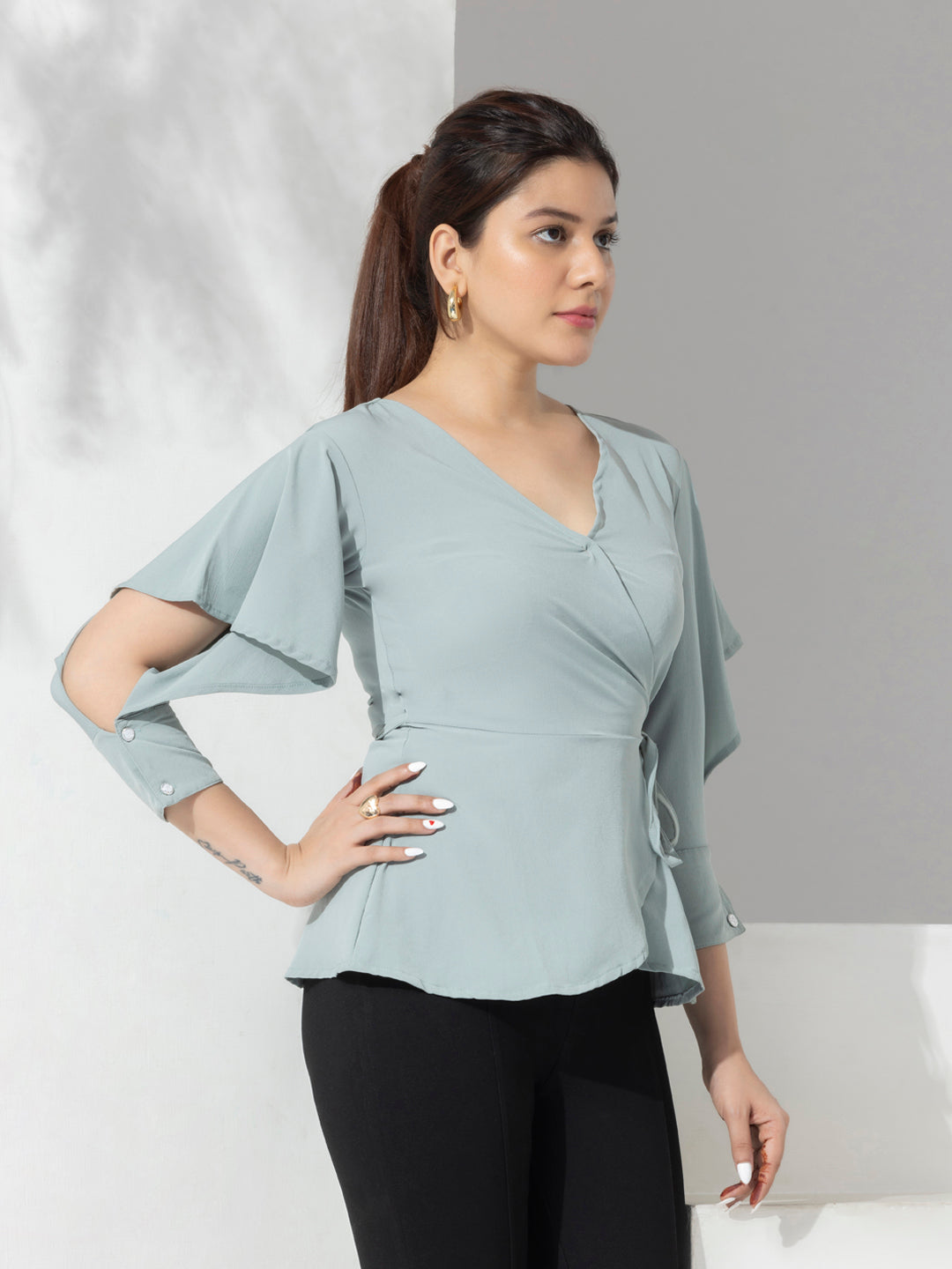 Sea Green Solid Fancy Wrap-up Top With Layered Sleeves