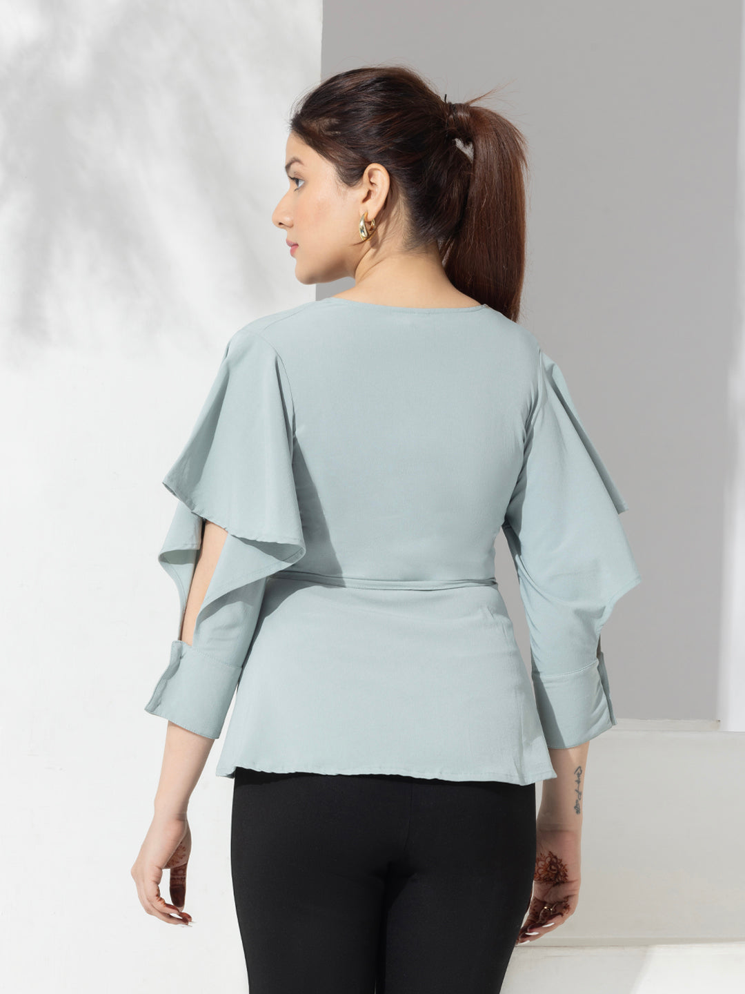 Sea Green Solid Fancy Wrap-up Top With Layered Sleeves