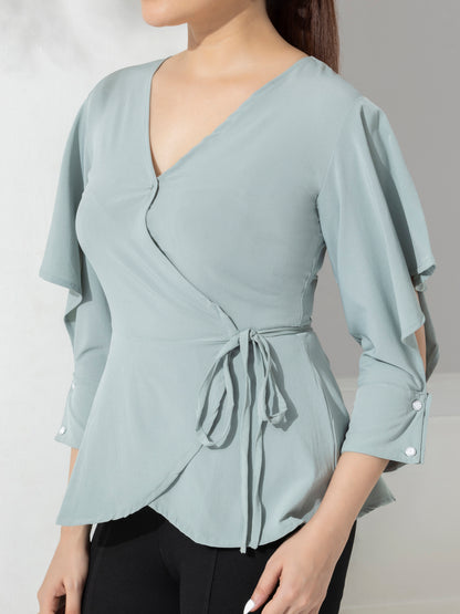 Sea Green Solid Fancy Wrap-up Top With Layered Sleeves