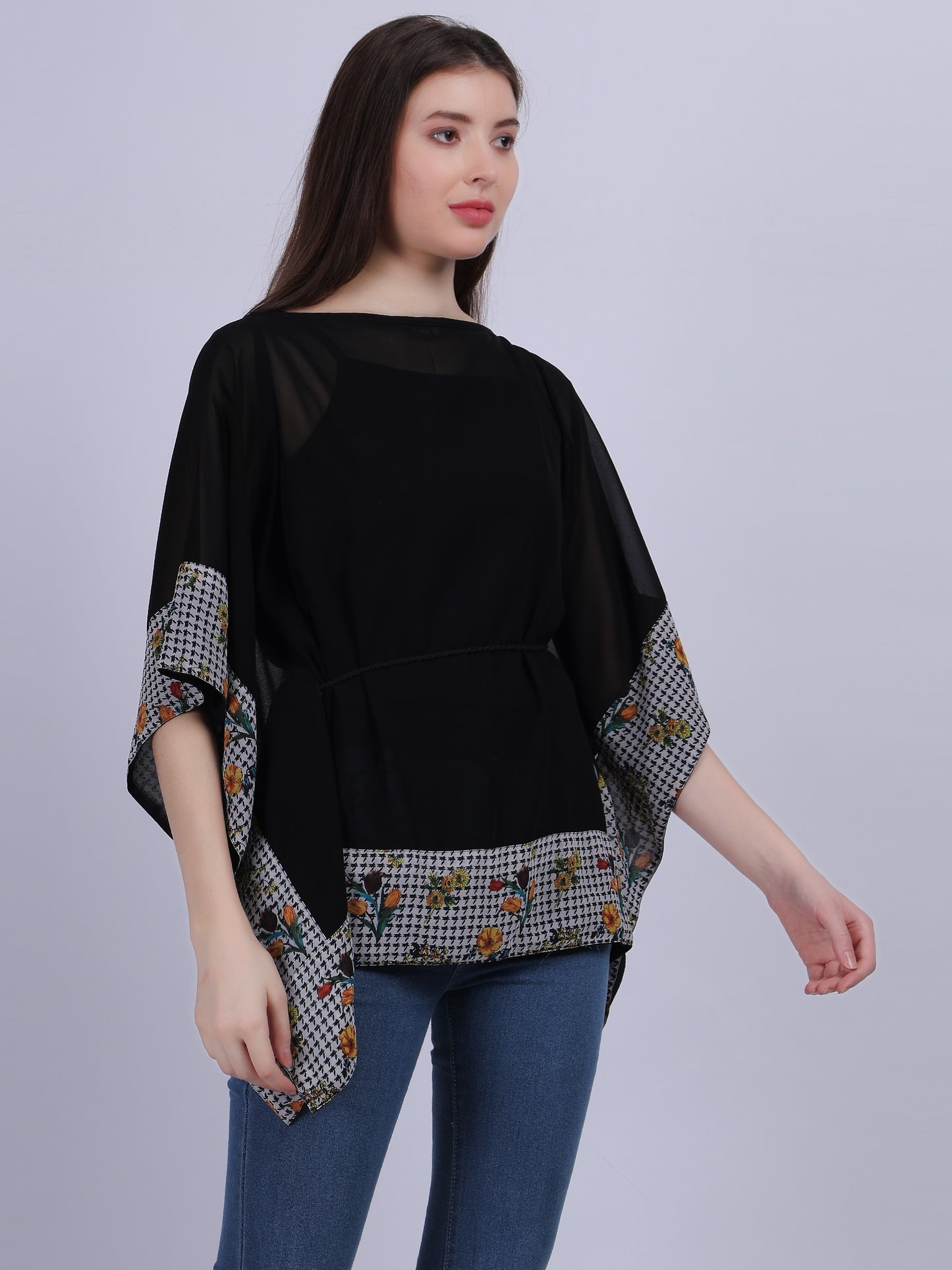 Solid One-shoulder Kaftan Top With Spaghetti And Tassel Cord Belt