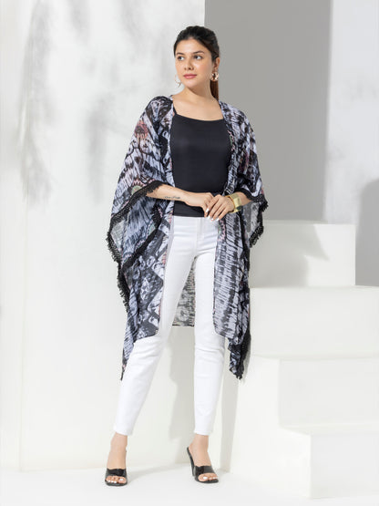 Black Bohemian Fashion Printed Shrug With Lace