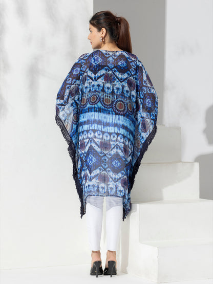 Blue Bohemian Fashion Printed Shrug With Lace