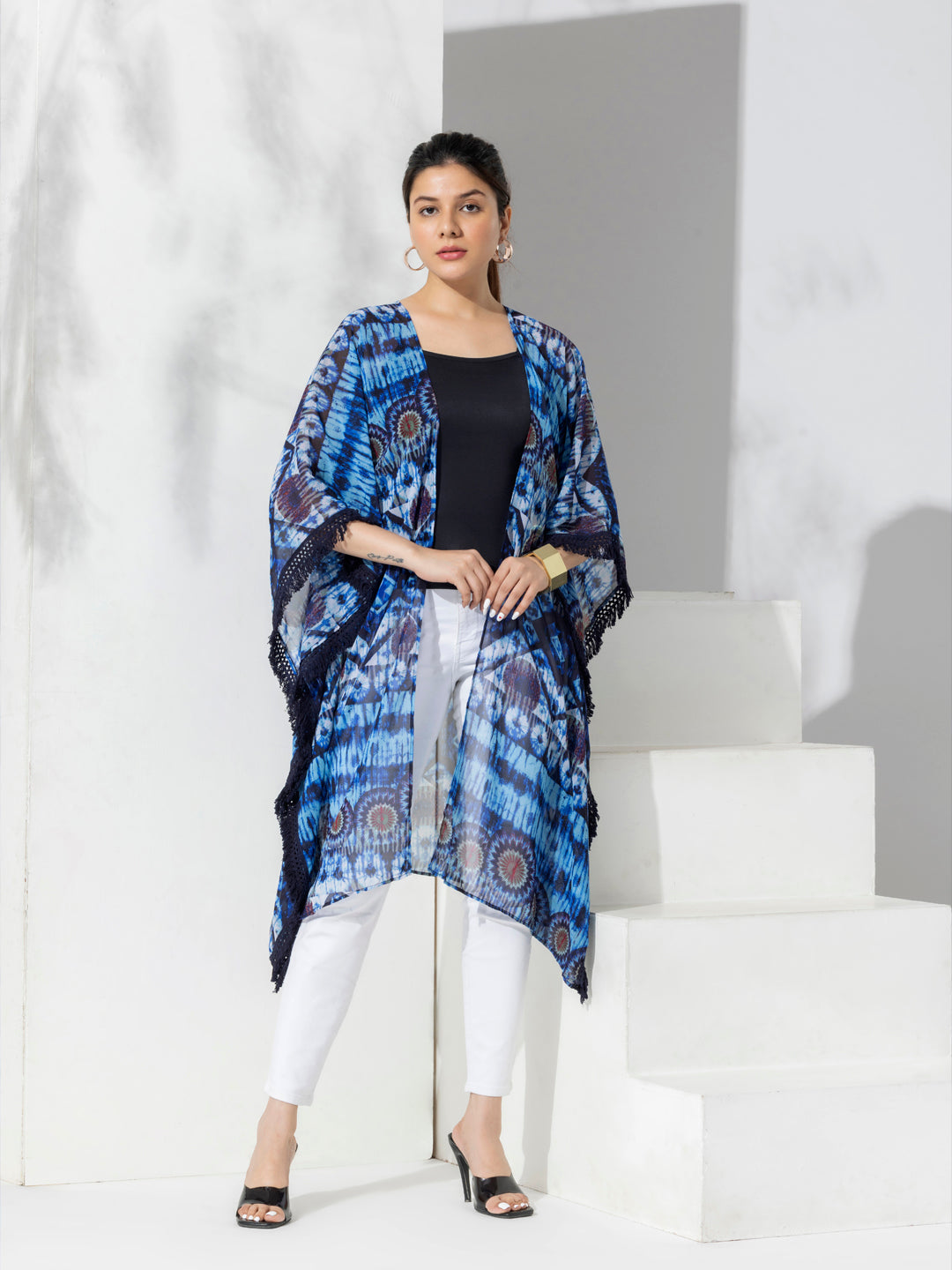 Blue Bohemian Fashion Printed Shrug With Lace