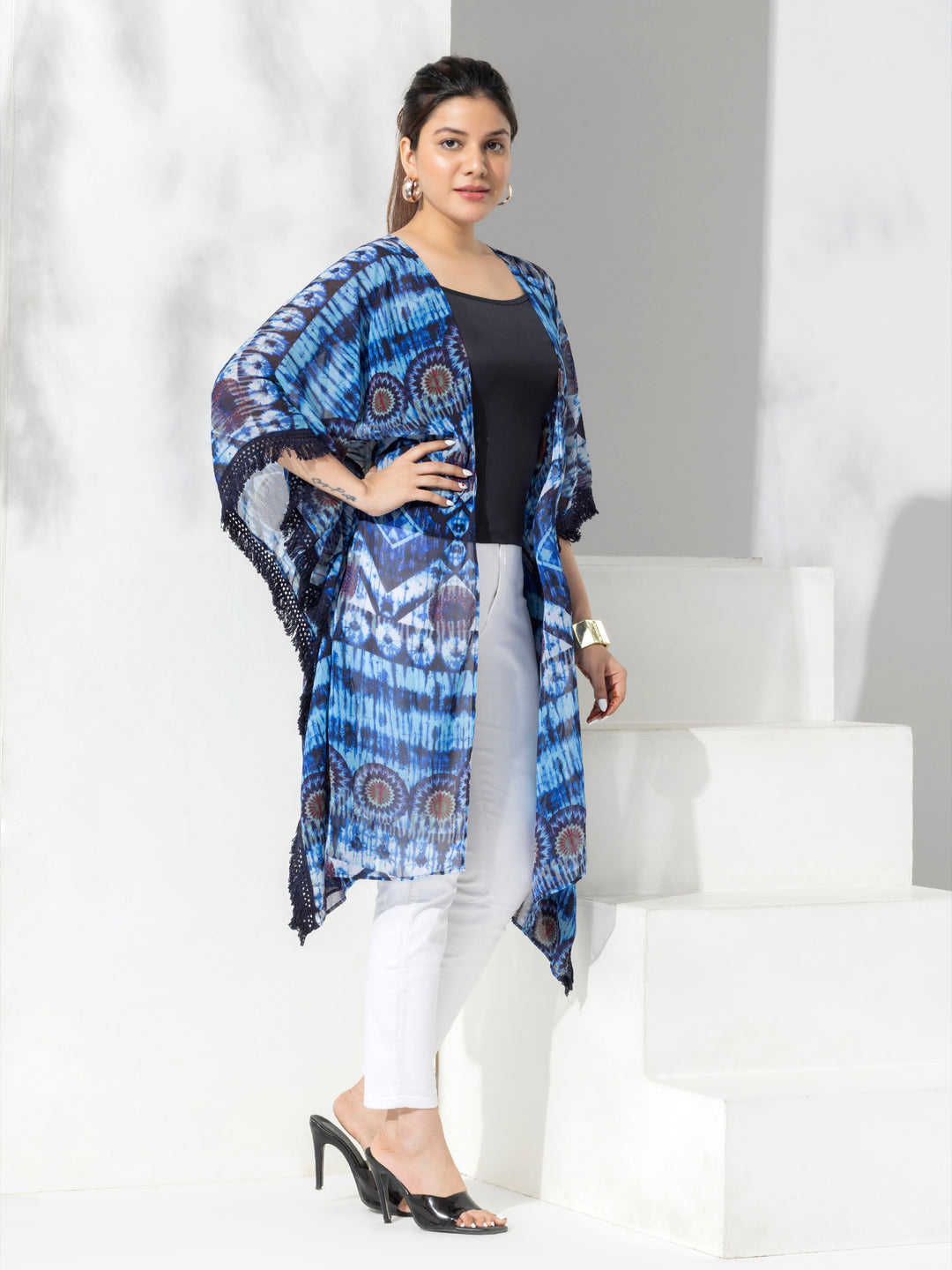 Blue Bohemian Fashion Printed Shrug With Lace