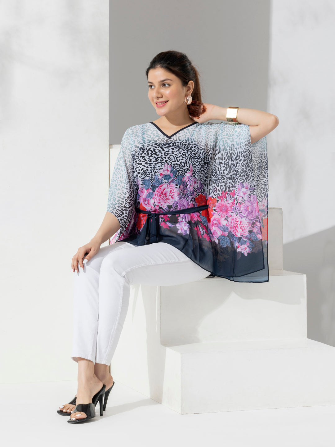 Navy Floral Print Kaftan Fashion Top With Spaghetti