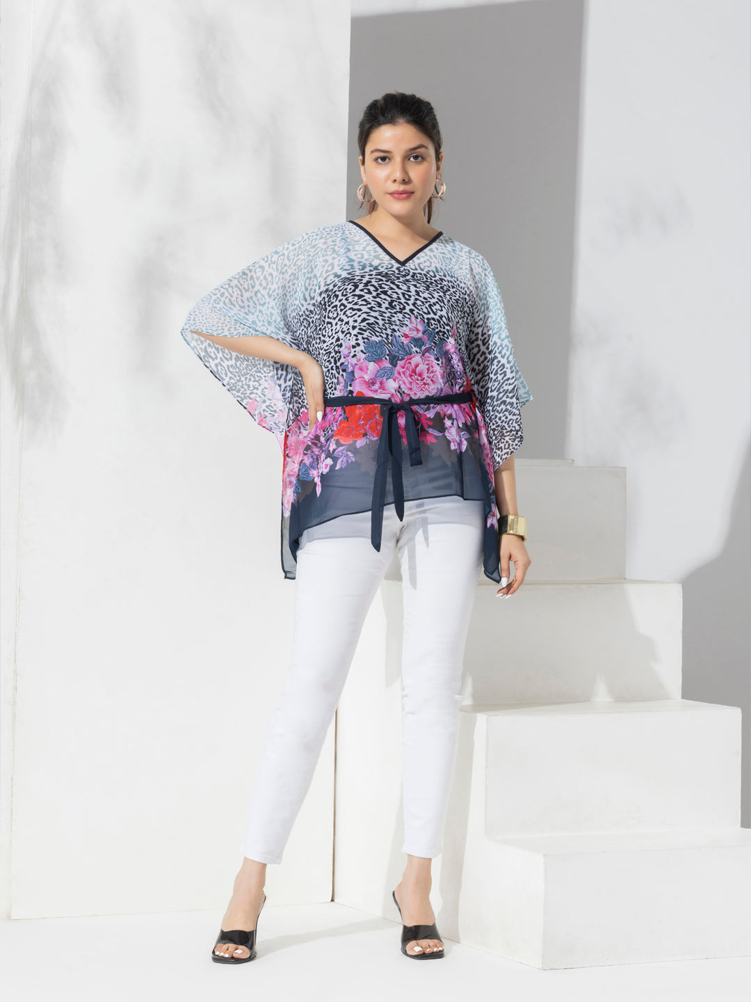 Navy Floral Print Kaftan Fashion Top With Spaghetti