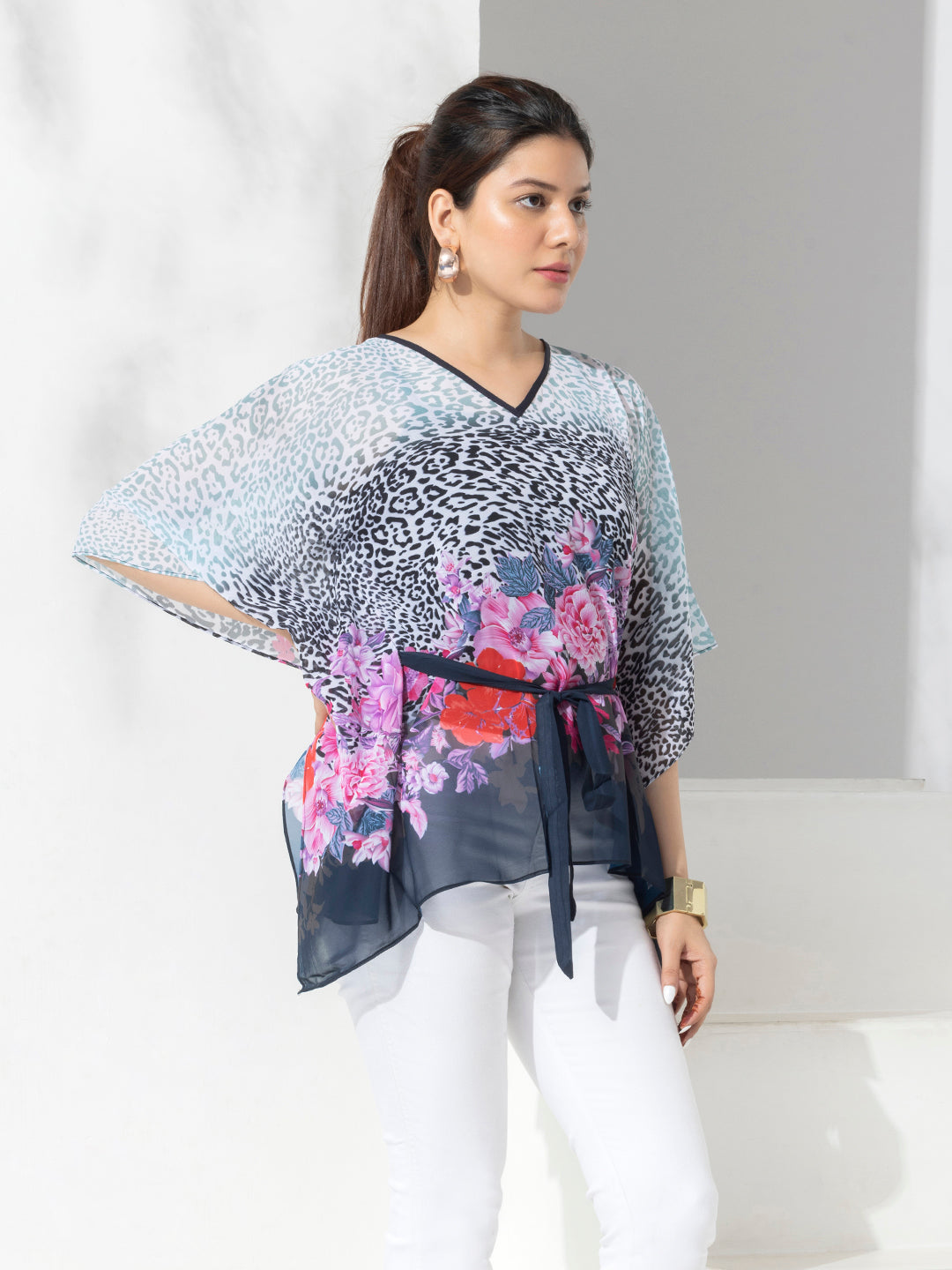 Navy Floral Print Kaftan Fashion Top With Spaghetti