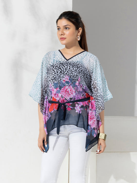 Navy Floral Print Kaftan Fashion Top With Spaghetti