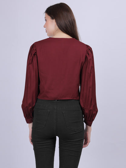 Solid Basic Crop Top With Fashion Pleated Sleeves