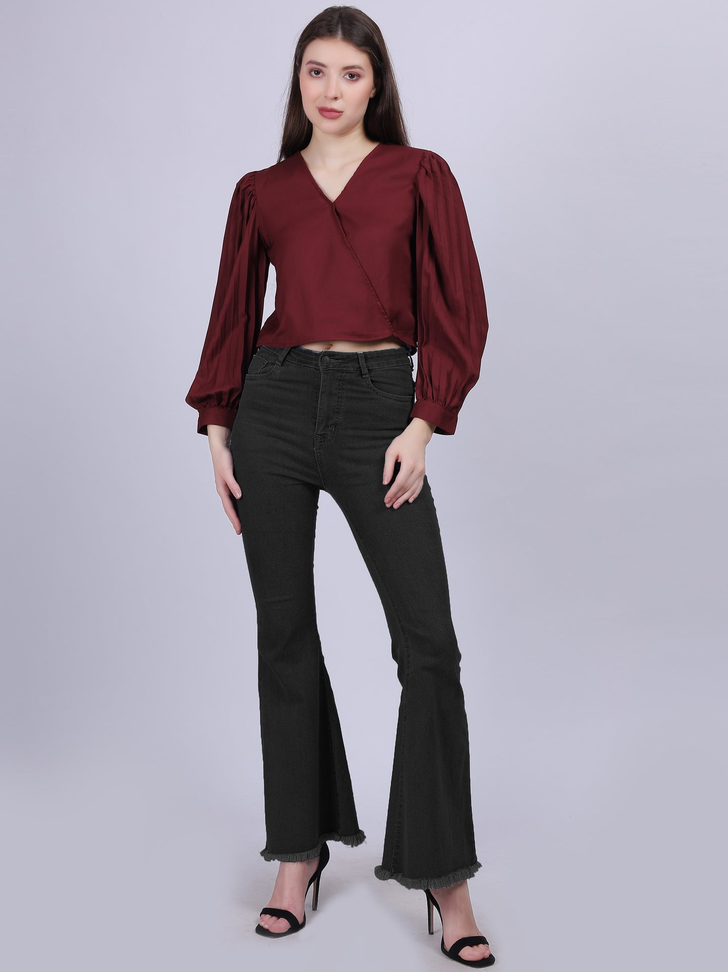 Solid Basic Crop Top With Fashion Pleated Sleeves