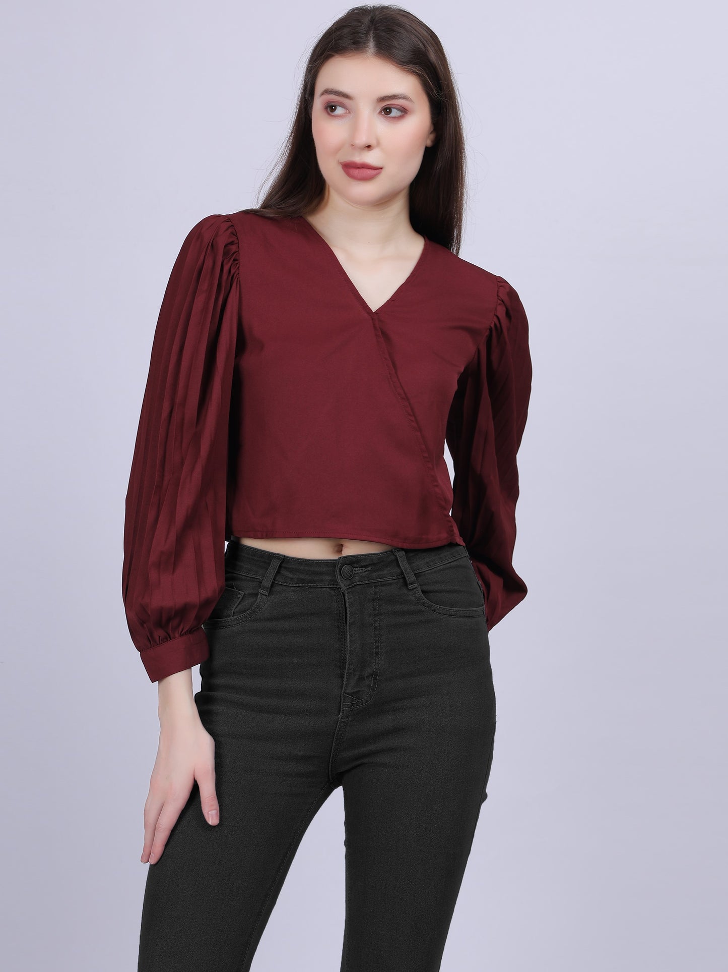 Solid Basic Crop Top With Fashion Pleated Sleeves