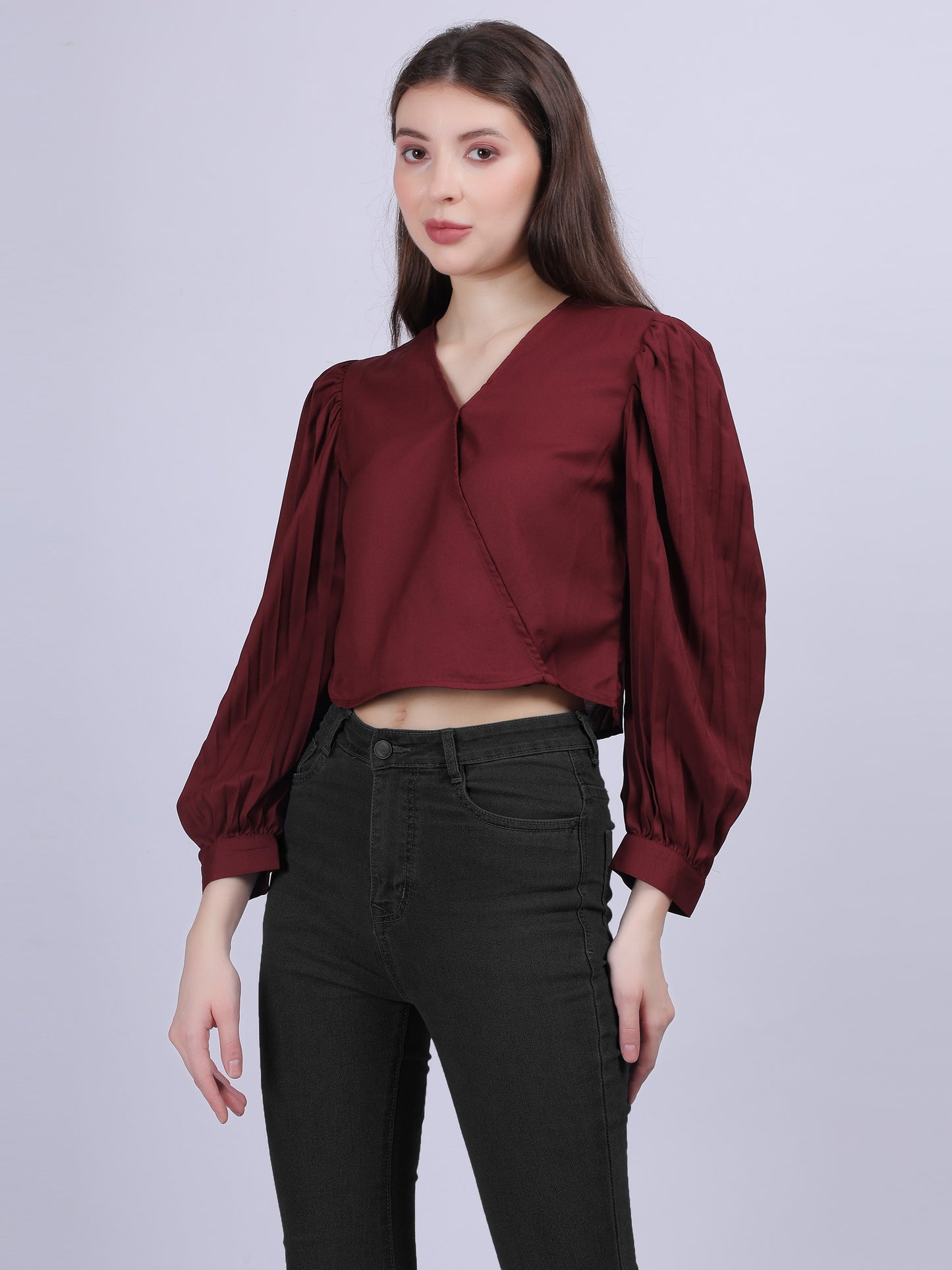 Solid Basic Crop Top With Fashion Pleated Sleeves