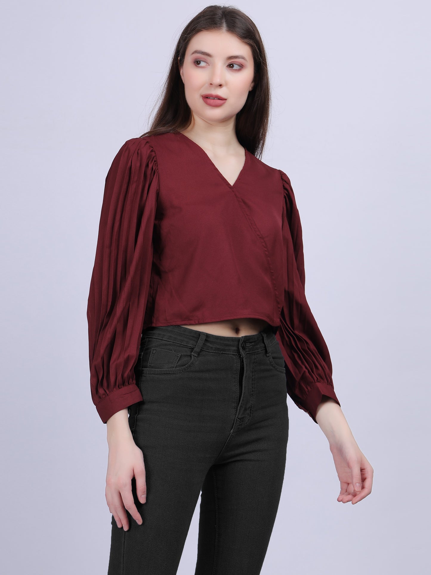 Solid Basic Crop Top With Fashion Pleated Sleeves