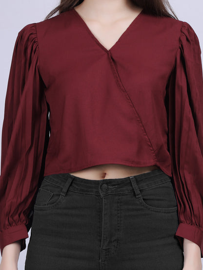 Solid Basic Crop Top With Fashion Pleated Sleeves