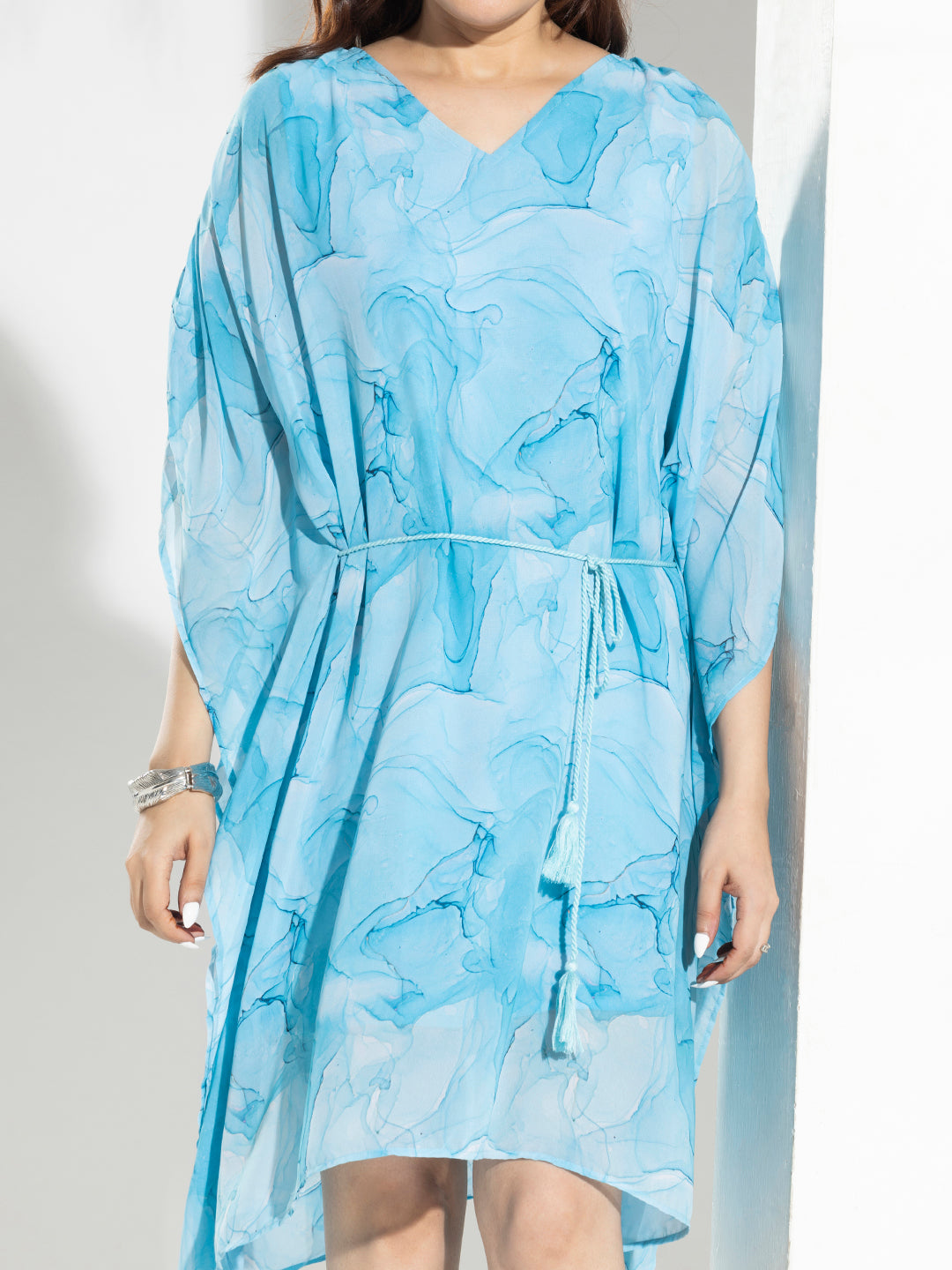 Blue Marble Print Kaftan Dress With Tassels Cords