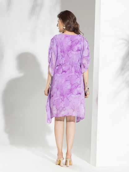 Purple Marble Print Kaftan Dress With Tassels Cords