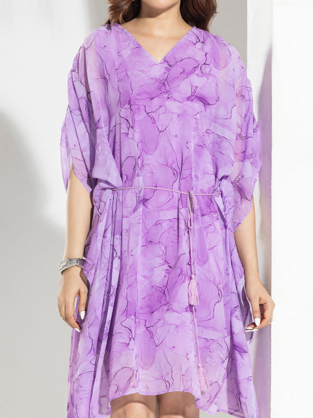 Purple Marble Print Kaftan Dress With Tassels Cords