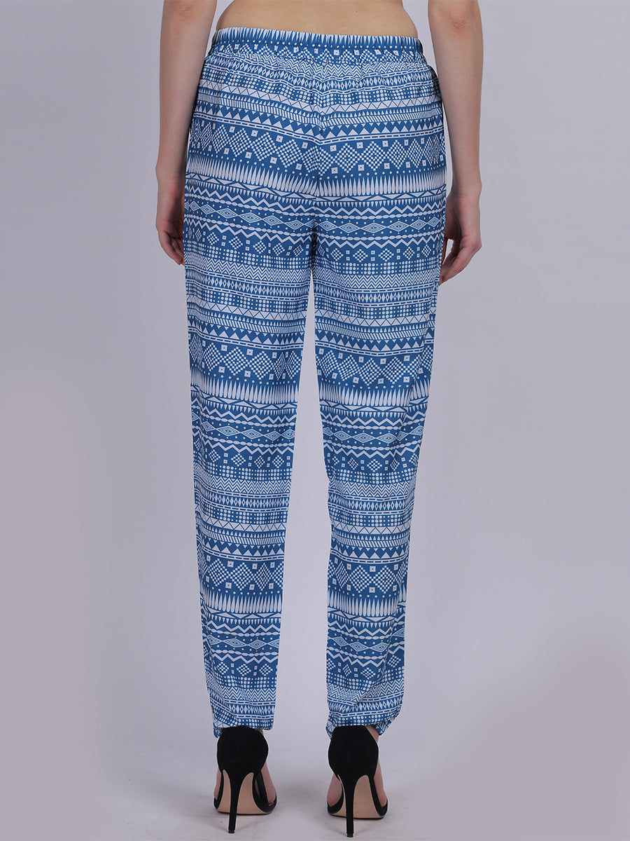 Blue Narrow Fit Printed Trouser Pants