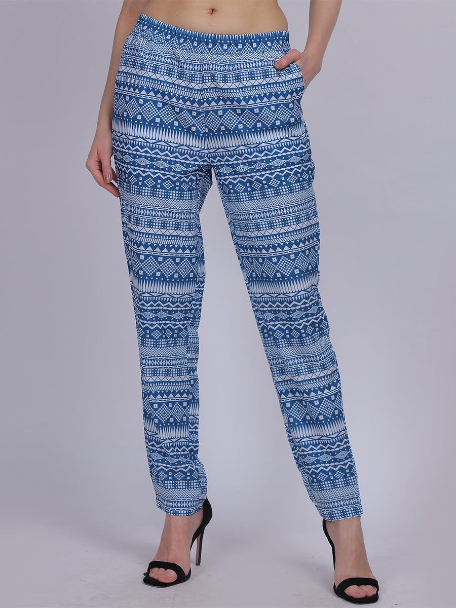 Blue Narrow Fit Printed Trouser Pants