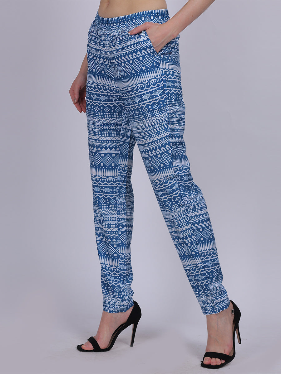 Blue Narrow Fit Printed Trouser Pants