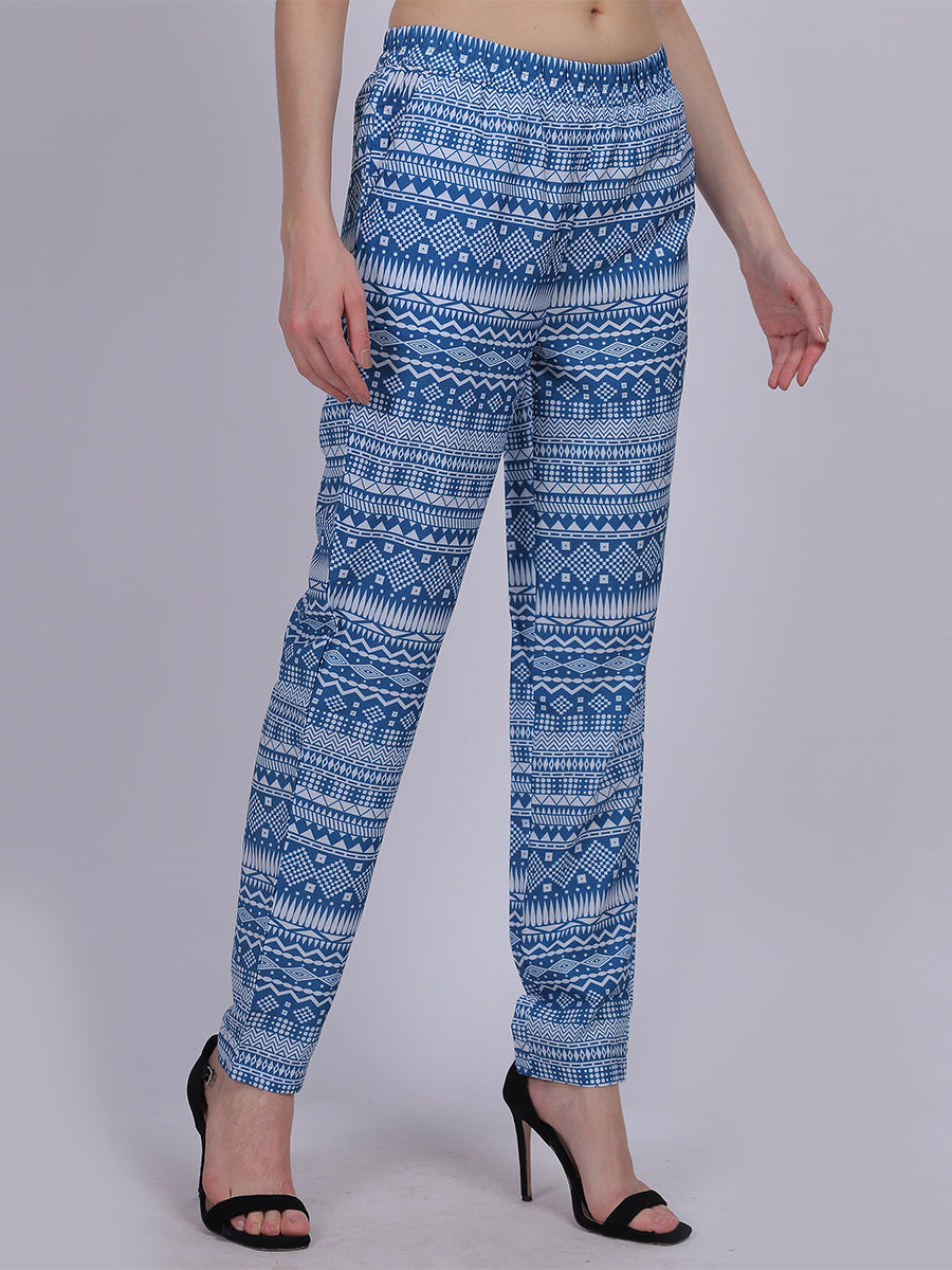 Blue Narrow Fit Printed Trouser Pants