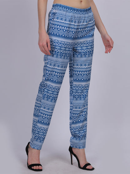 Blue Narrow Fit Printed Trouser Pants