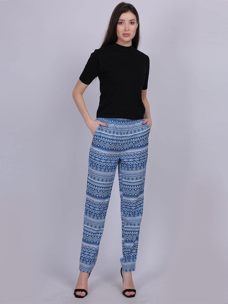 Blue Narrow Fit Printed Trouser Pants