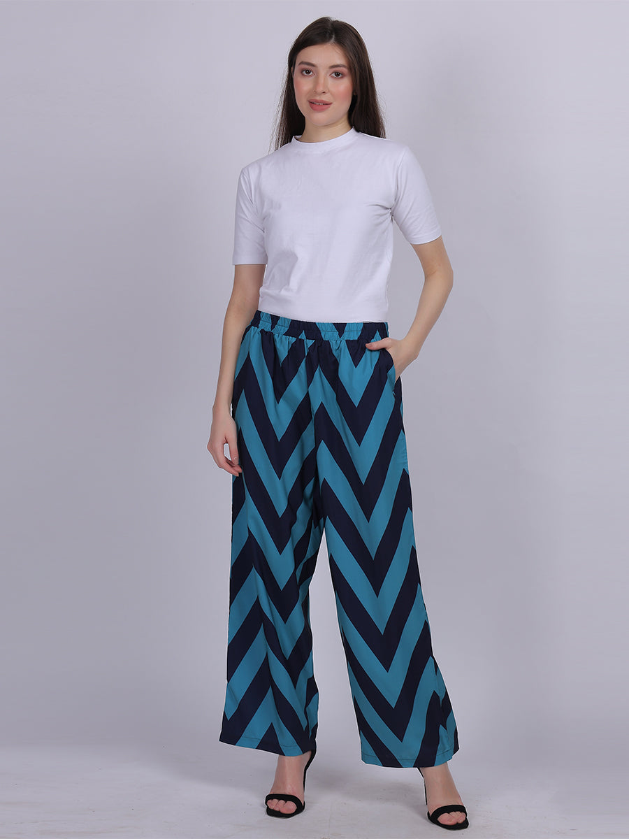 Blue Straight Fit Printed Palazzo Fashion Pants