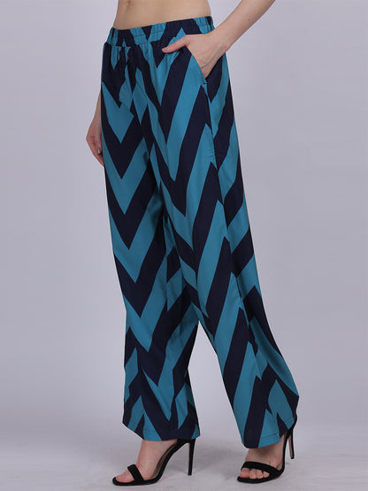 Blue Straight Fit Printed Palazzo Fashion Pants