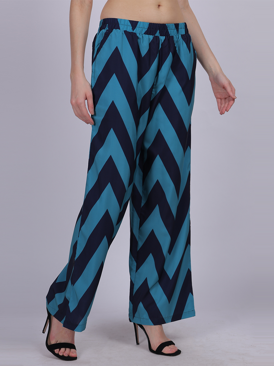 Blue Straight Fit Printed Palazzo Fashion Pants