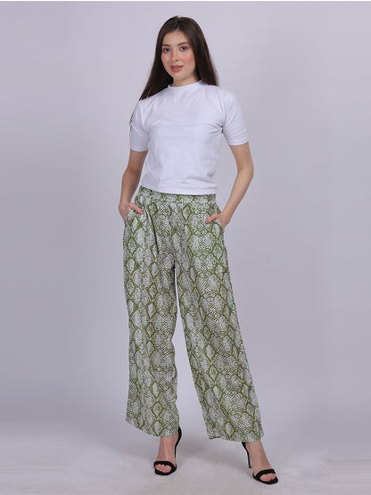 Green Snake Straight Fit Printed Palazzo Fashion Pants