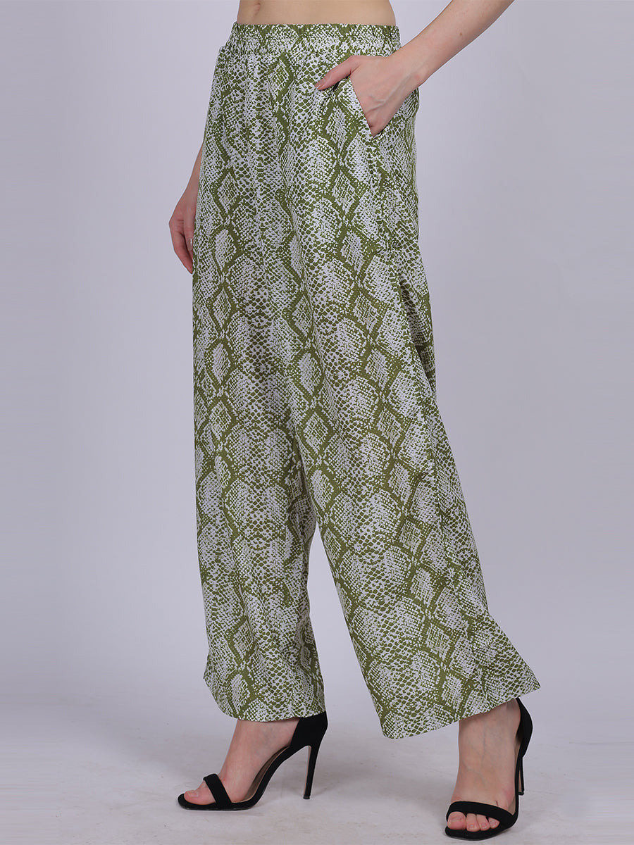 Green Snake Straight Fit Printed Palazzo Fashion Pants