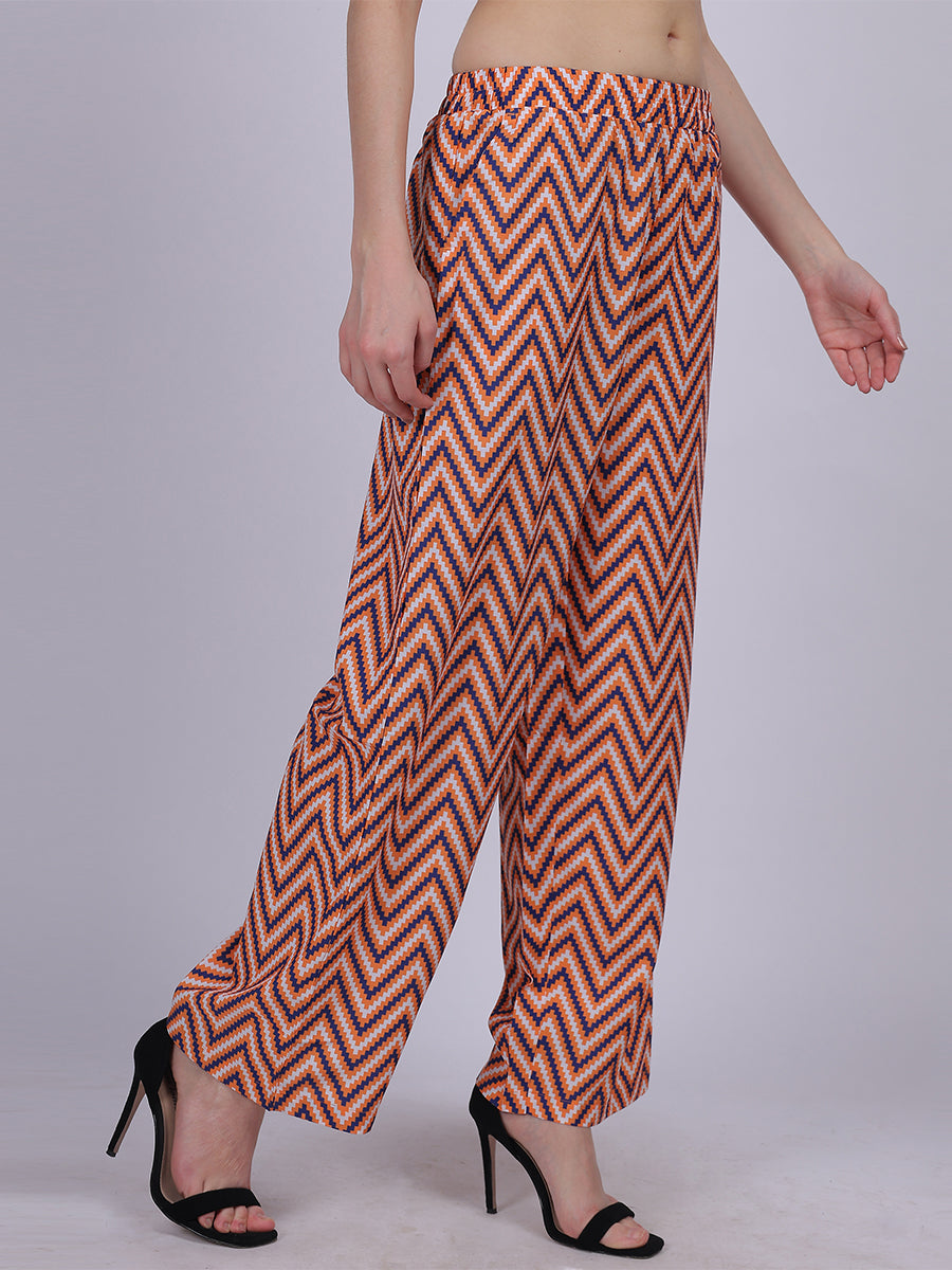 Orange Straight Fit Printed Palazzo Fashion Pants