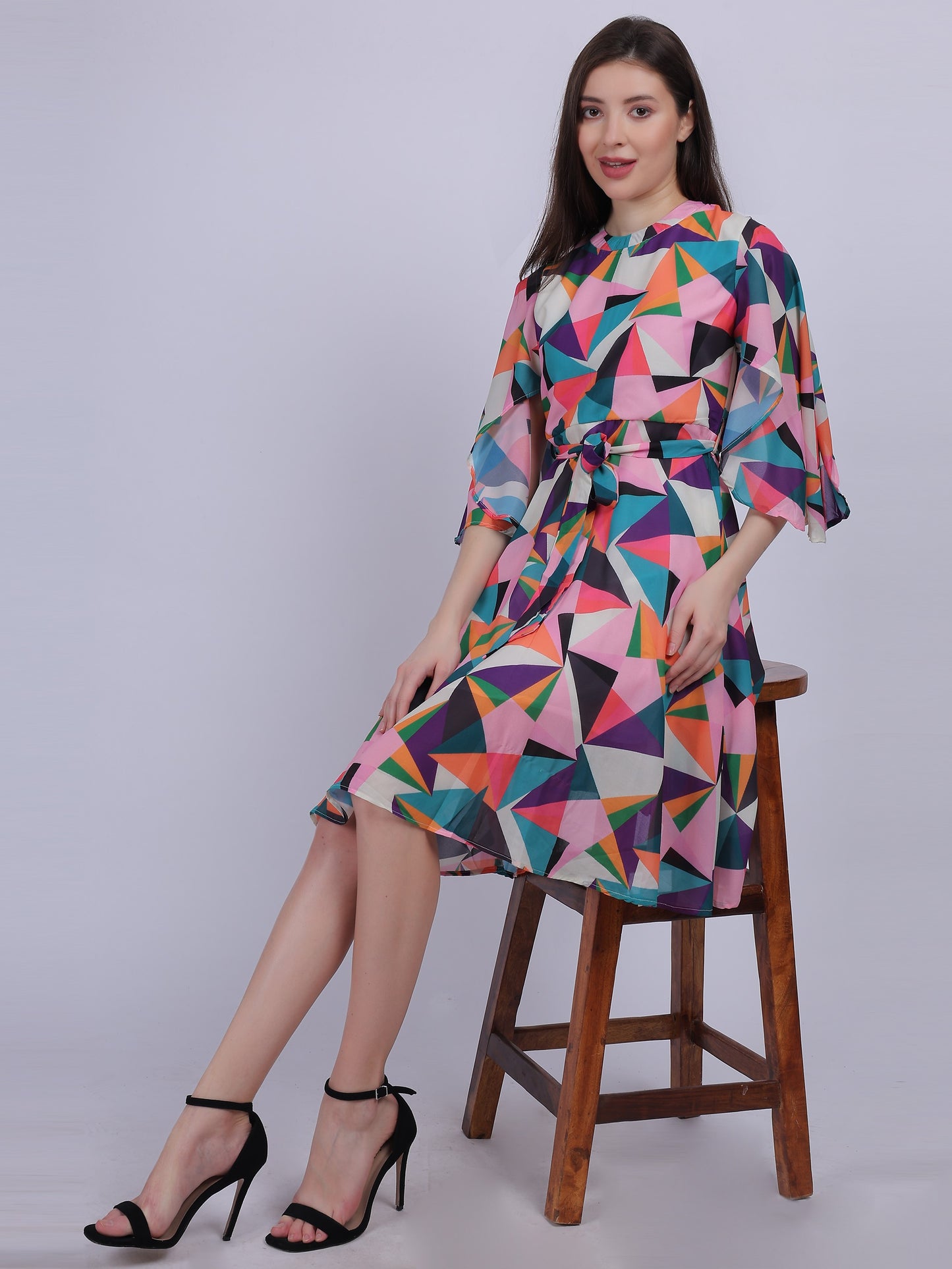 Orange Abstract Print Fashion Bell Sleeves Dress