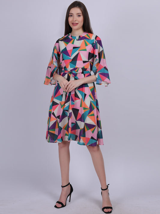 Orange Abstract Print Fashion Bell Sleeves Dress