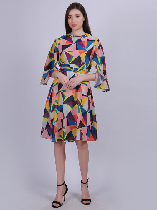 Yellow Abstract Print Fashion Bell Sleeves Dress