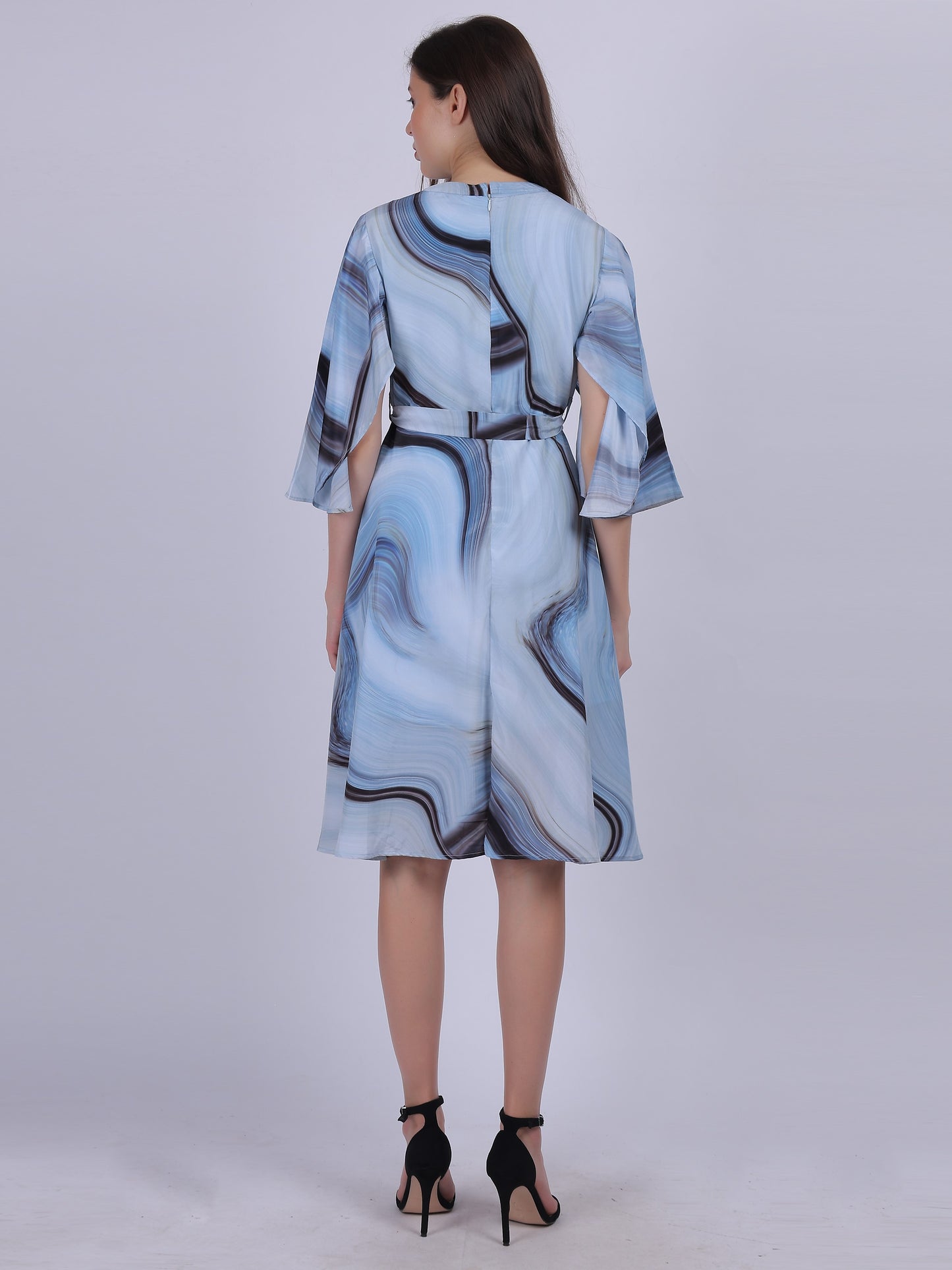 Blue Abstract Print Fashion Bell Sleeves Dress