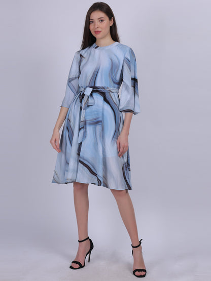 Blue Abstract Print Fashion Bell Sleeves Dress