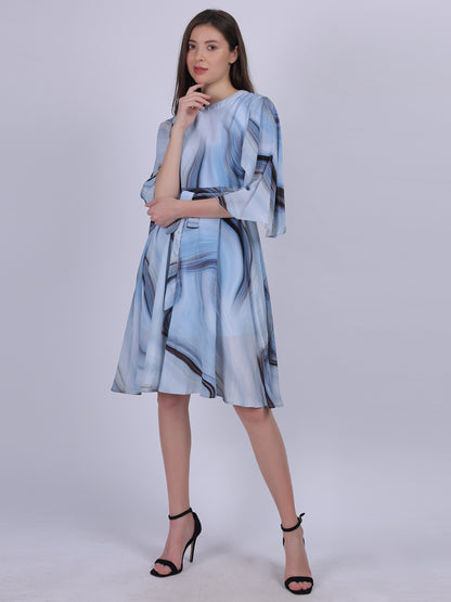 Blue Abstract Print Fashion Bell Sleeves Dress