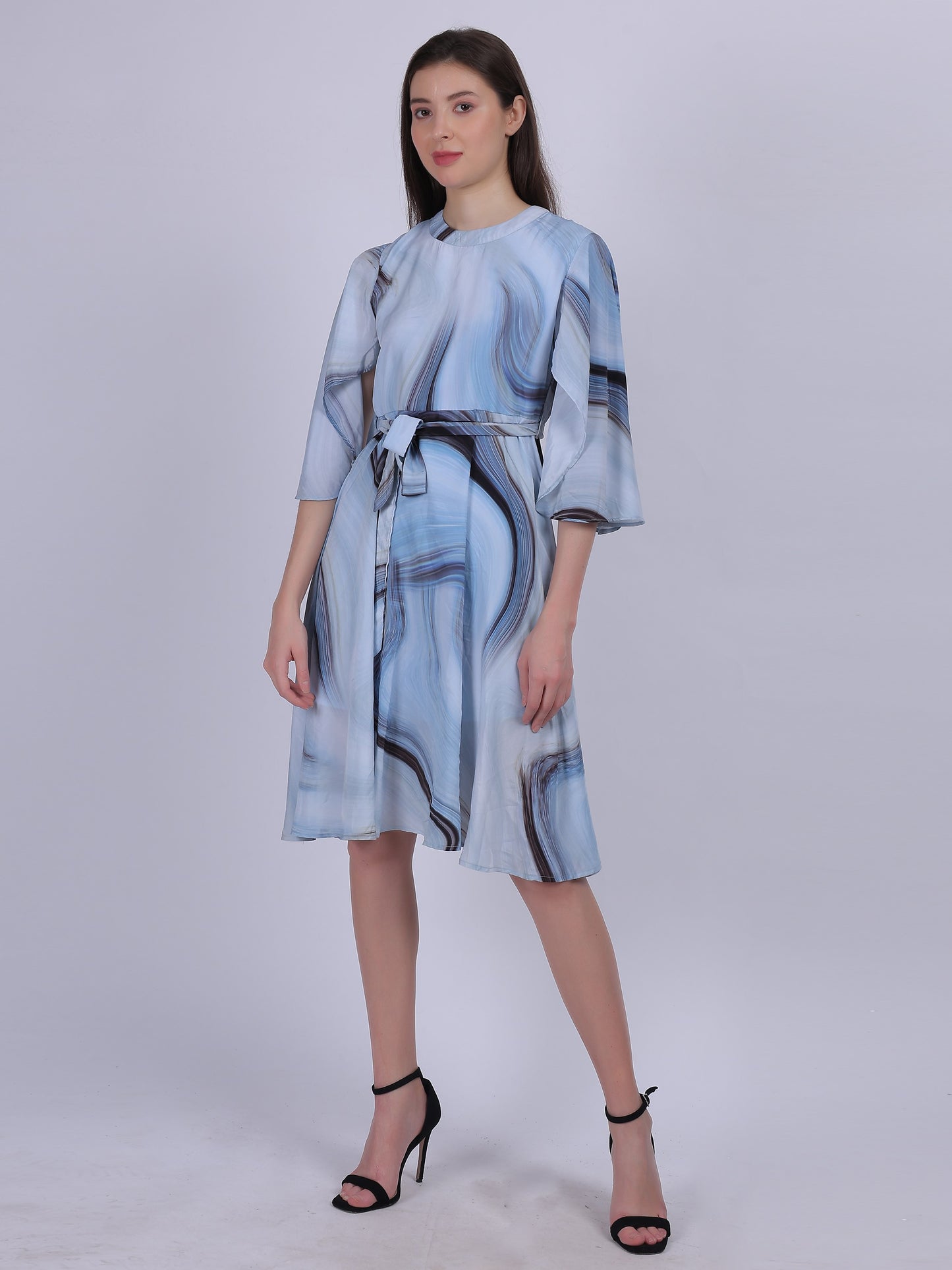 Blue Abstract Print Fashion Bell Sleeves Dress