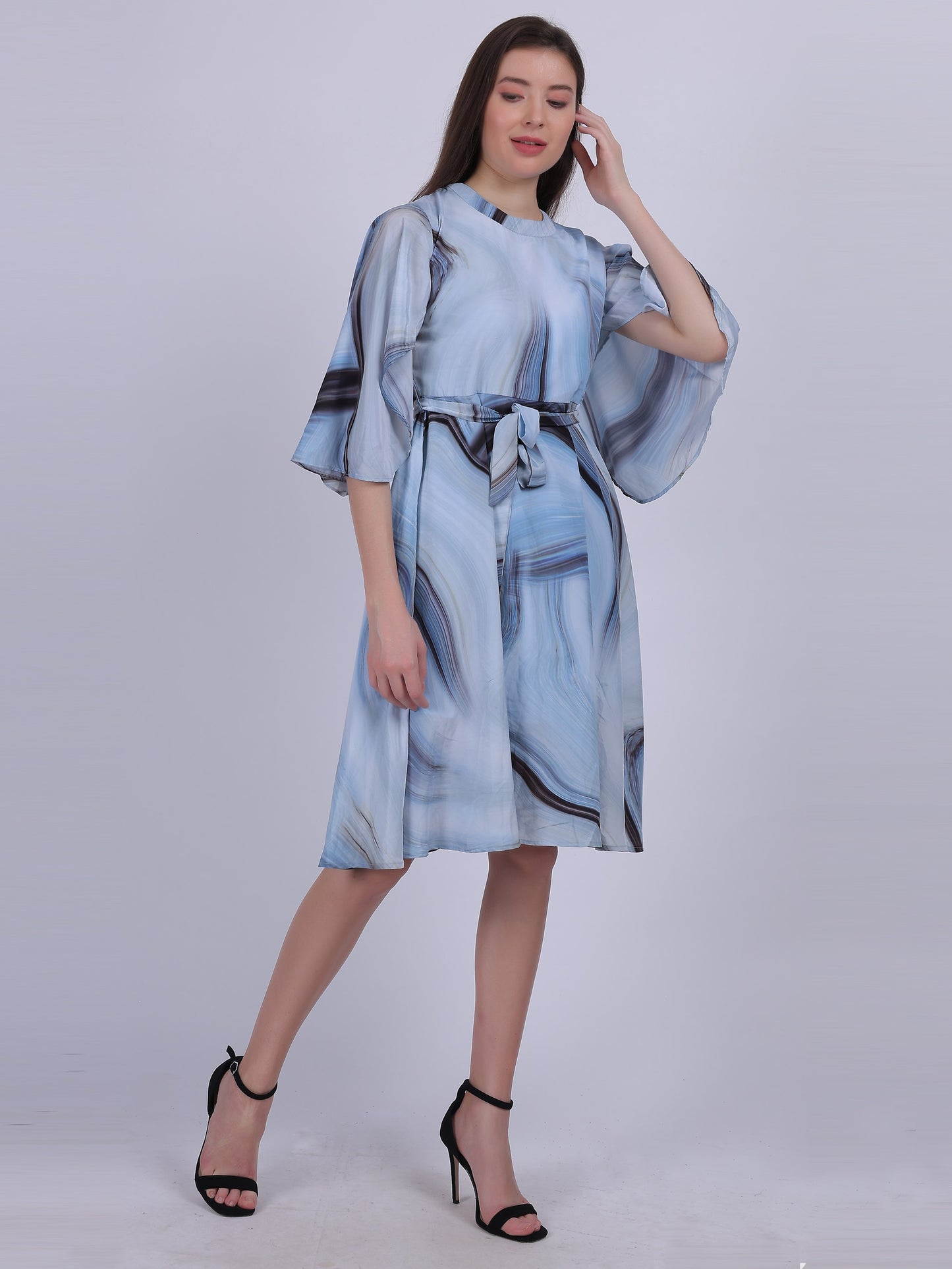 Blue Abstract Print Fashion Bell Sleeves Dress