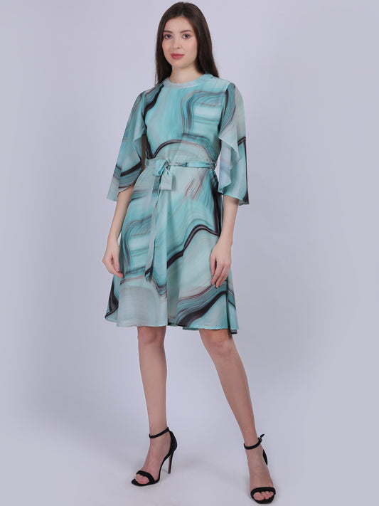 Green Abstract Print Fashion Bell Sleeves Dress